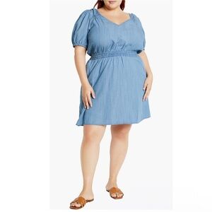 City Chic Emma Puff Sleeve Tie Back Chambray Minidress Sz 18